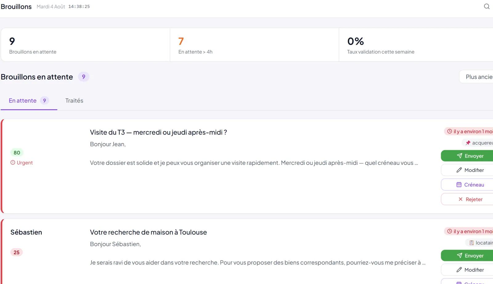 File des brouillons en attente de validation dans Blivy, avec les actions Envoyer, Modifier, Créneau et Rejeter pour chaque réponse préparée.