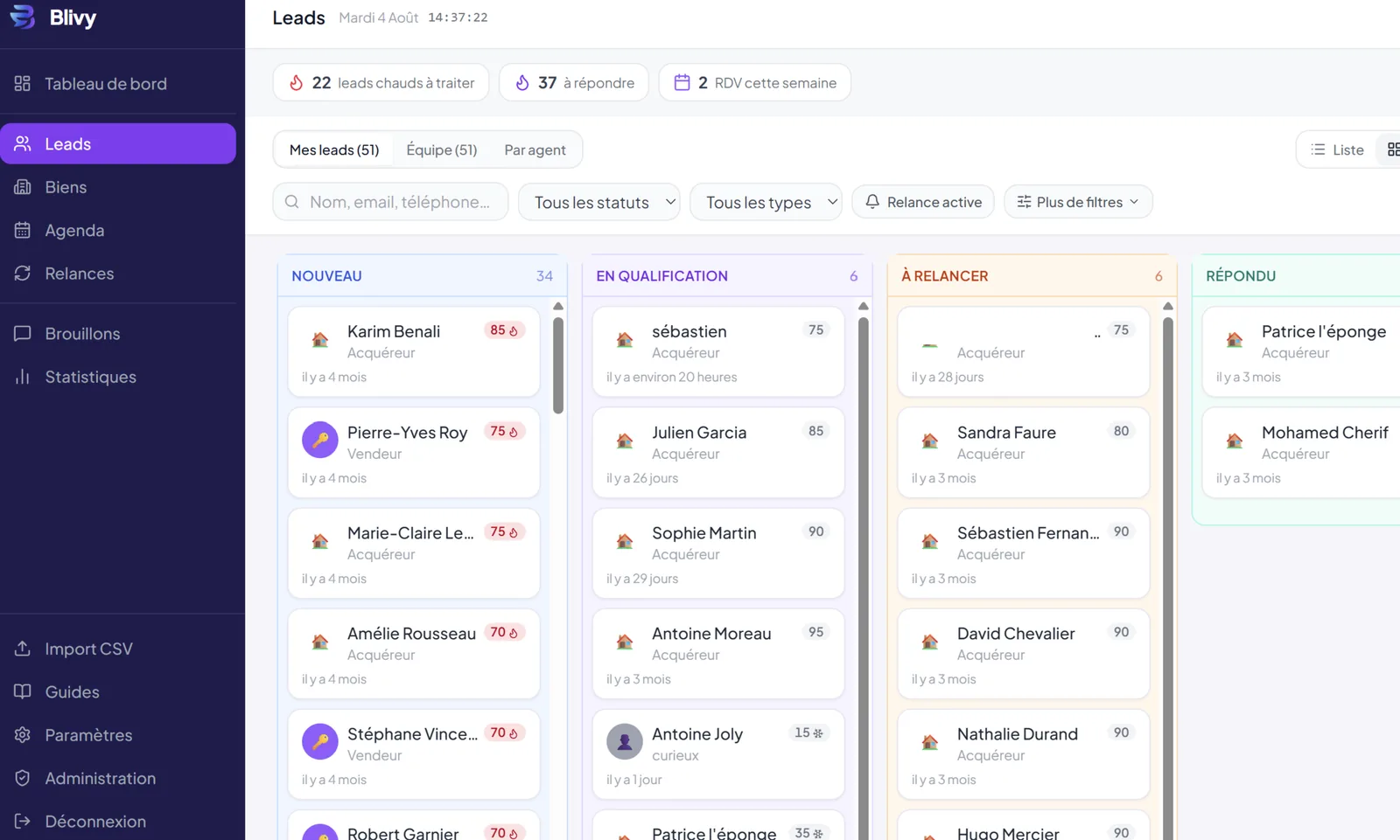 Pipeline des leads dans Blivy : colonnes Nouveau, En qualification, À relancer et Répondu, chaque lead affichant son score de priorité sur 100.
