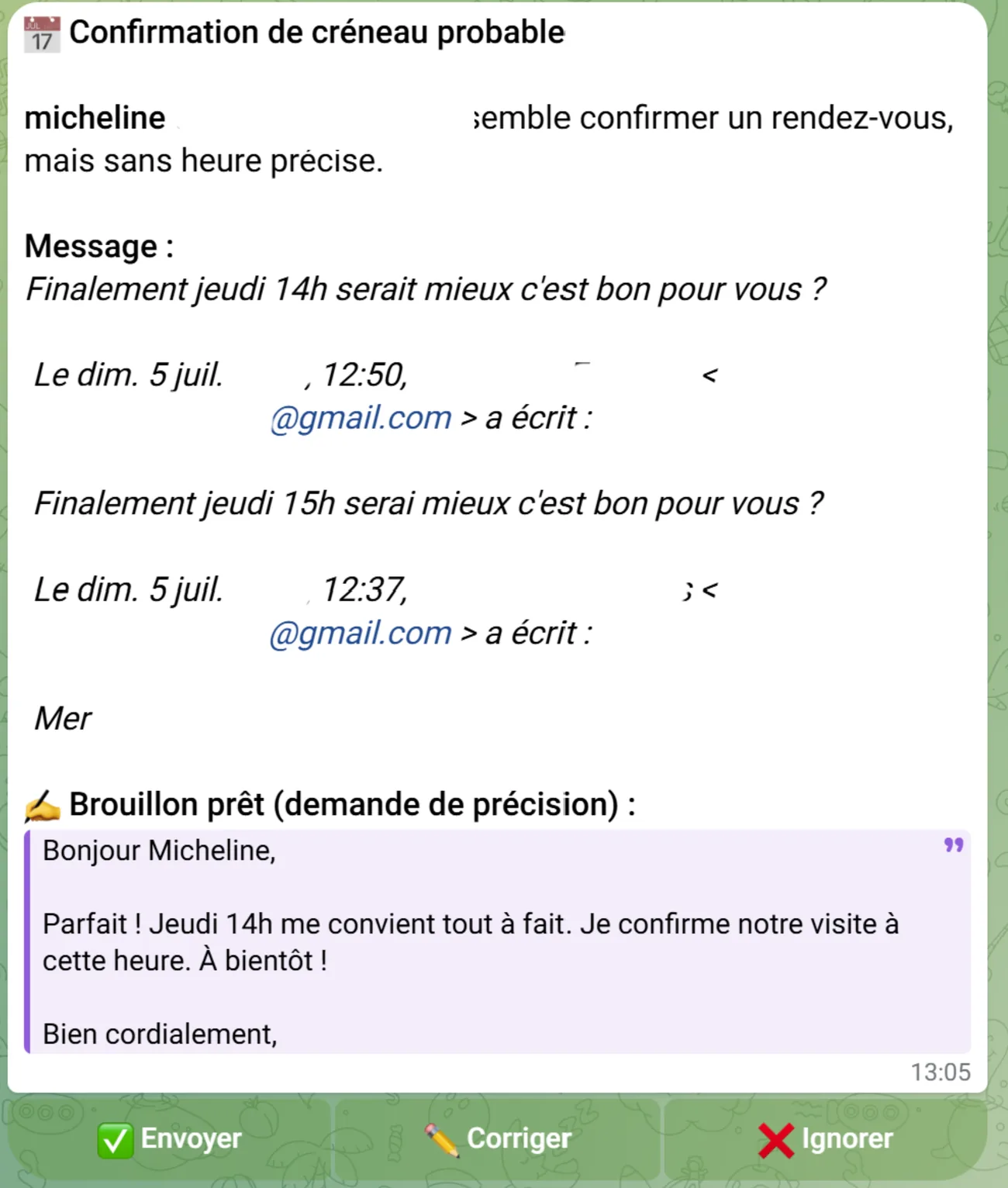 Notification Telegram de Blivy : « Confirmation de créneau probable » détectée dans l'échange, avec un brouillon de réponse prêt pour affiner l'horaire de la visite.