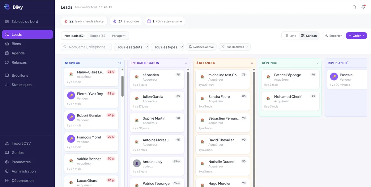 Capture de l'application Blivy : le pipeline de leads du CRM immobilier, ses colonnes de statut et le score de priorité de chaque contact.